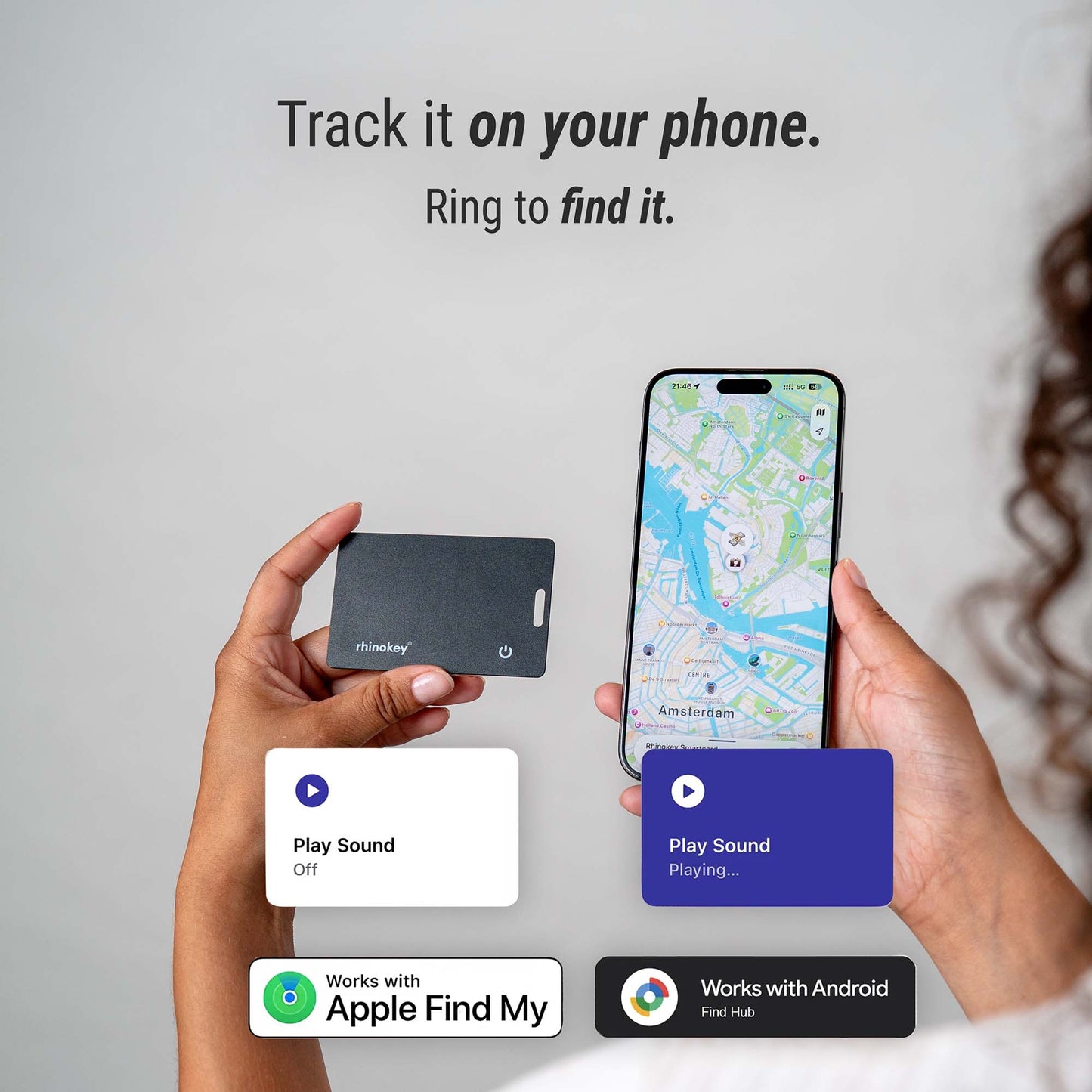 Person holding a phone with a map app open, showing a tracking device, and text about tracking on a phone.