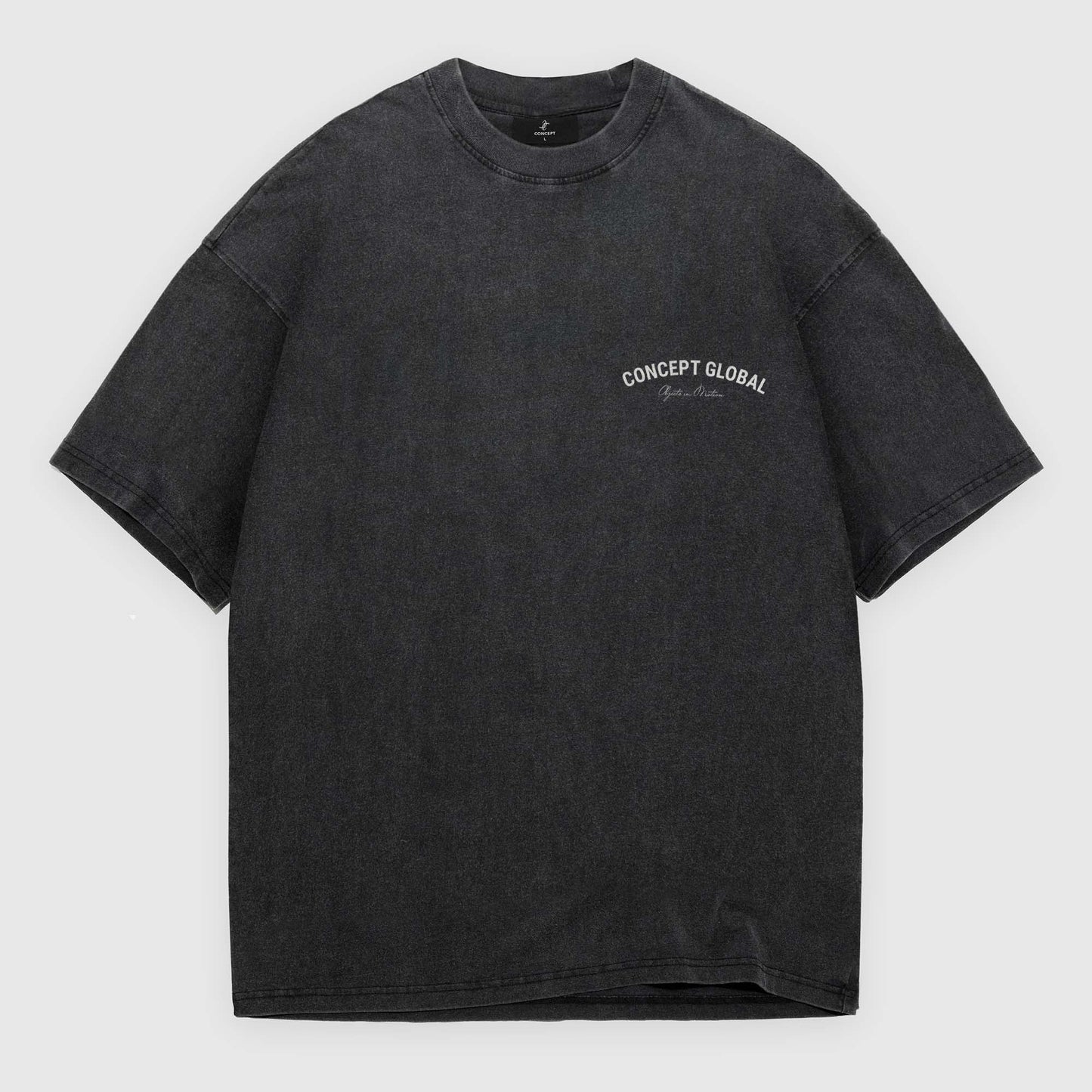 Black t-shirt with 'Concept Global – Objects in Motion' logo on a white background